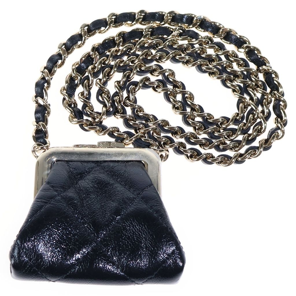 Chanel Quilted Kiss Lock Chain Wallet Pouch Black Lambskin Gold — view 2