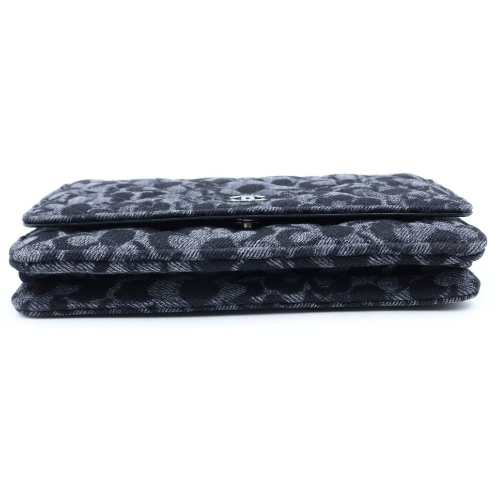 Chanel Chain Wallet Floral Print Denim Shoulder Bag Pouch Black Plate — view 4