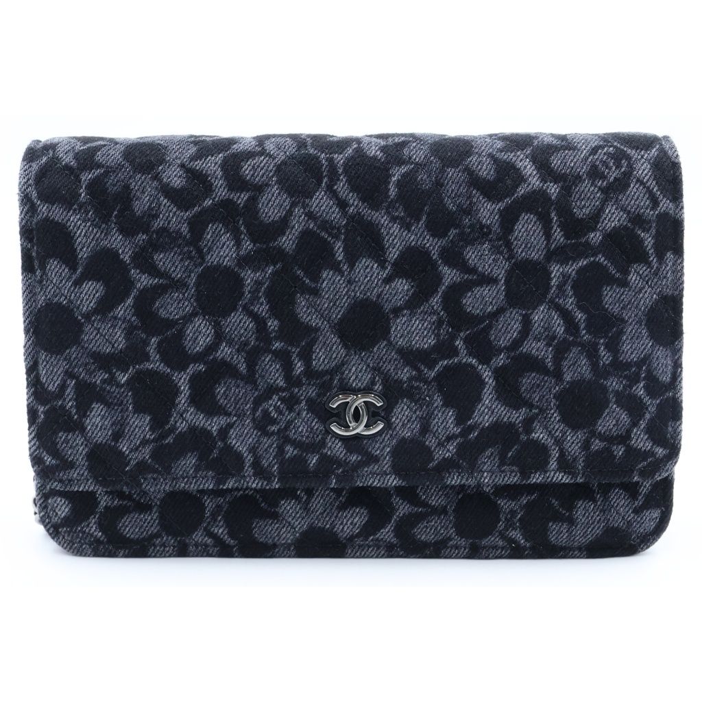 Chanel Chain Wallet Floral Print Denim Shoulder Bag Pouch Black Plate
