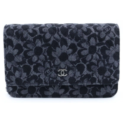 Chanel Chain Wallet Floral Print Denim Shoulder Bag Pouch Black Plate