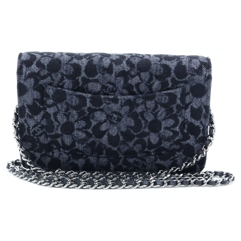 Chanel Chain Wallet Floral Print Denim Shoulder Bag Pouch Black Plate — view 2