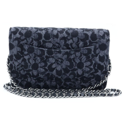 Chanel Chain Wallet Floral Print Denim Shoulder Bag Pouch Black Plate — view 2