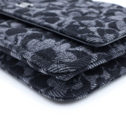 Chanel Chain Wallet Floral Print Denim Shoulder Bag Pouch Black Plate — view 5