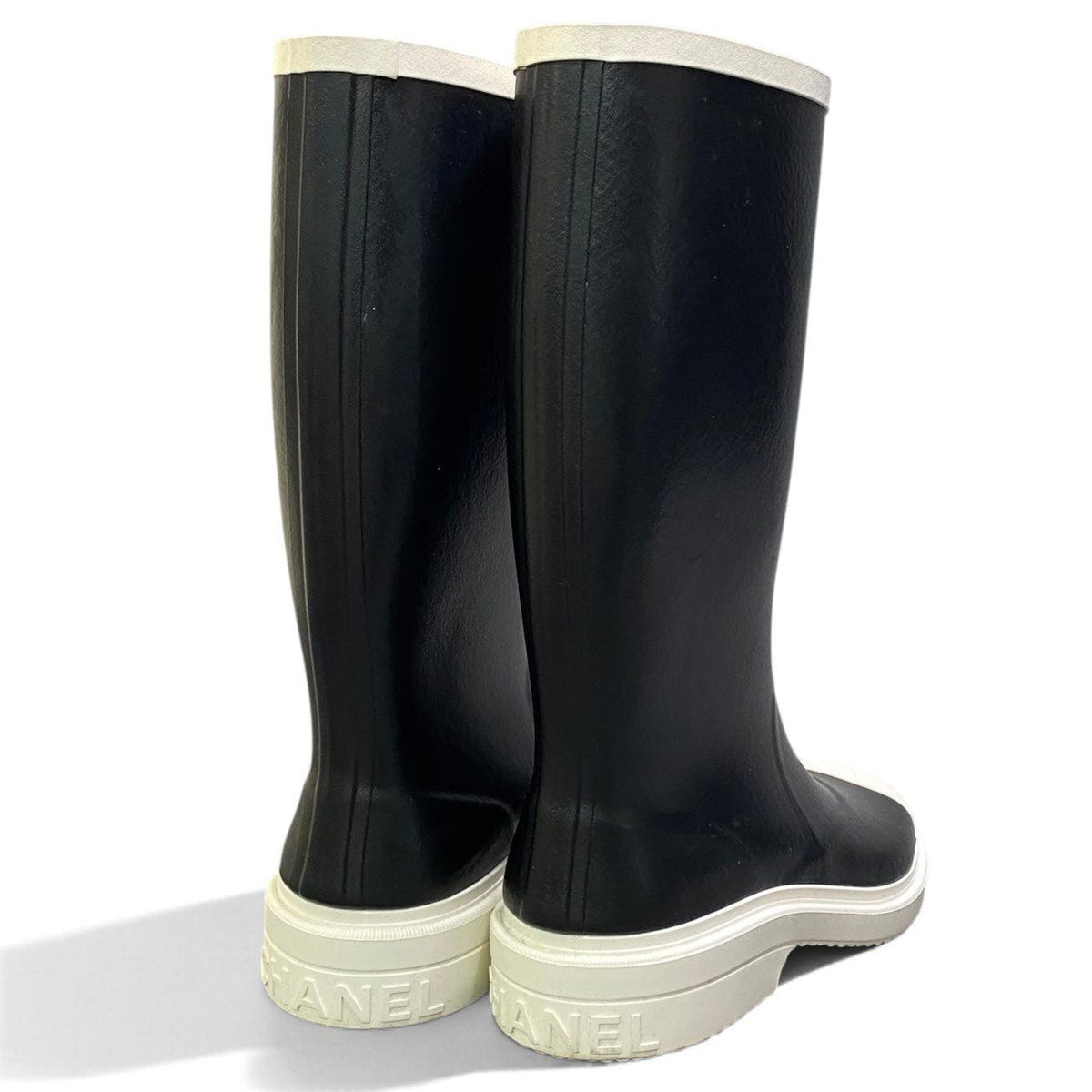 Chanel I2 Rubber Rain Boots Long CC Logo Black White — view 5
