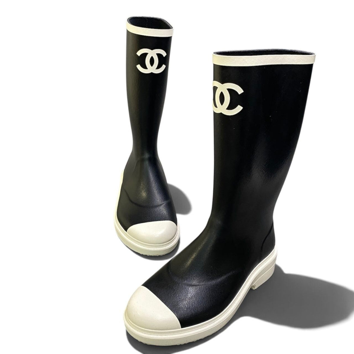 Chanel I2 Rubber Rain Boots Long CC Logo Black White — view 3