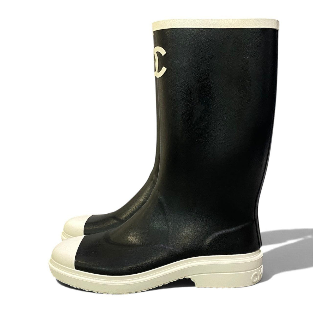 Chanel I2 Rubber Rain Boots Long CC Logo Black White — view 4
