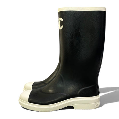 Chanel I2 Rubber Rain Boots Long CC Logo Black White — view 4