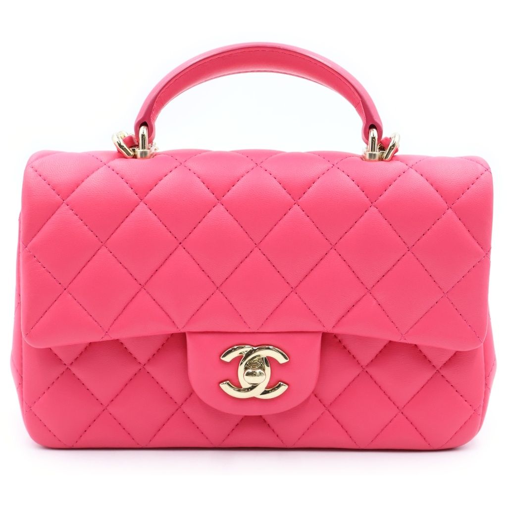 Chanel Quilted Top Handle Mini Flap Chain Shoulder Bag Fuchsia Pink Lambskin