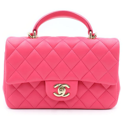 Chanel Quilted Top Handle Mini Flap Chain Shoulder Bag Fuchsia Pink Lambskin
