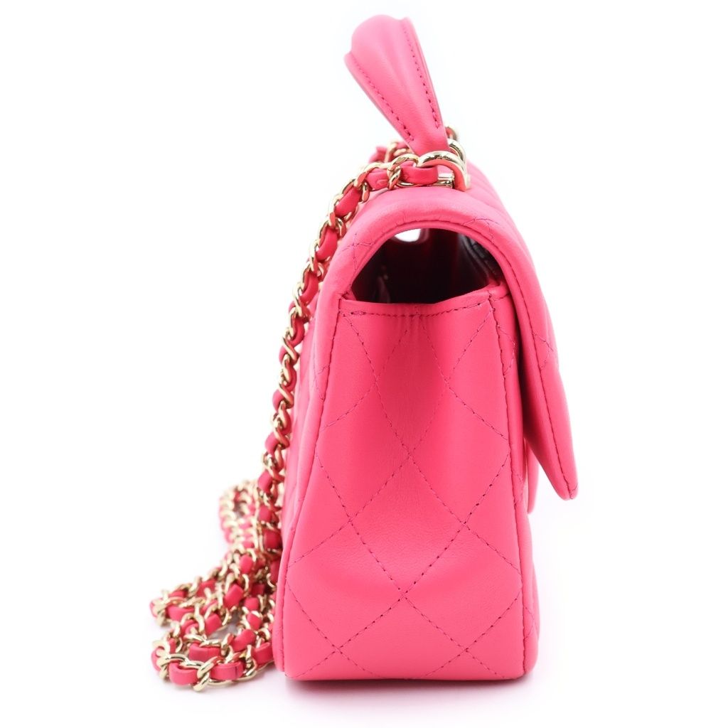 Chanel Quilted Top Handle Mini Flap Chain Shoulder Bag Fuchsia Pink Lambskin — view 3
