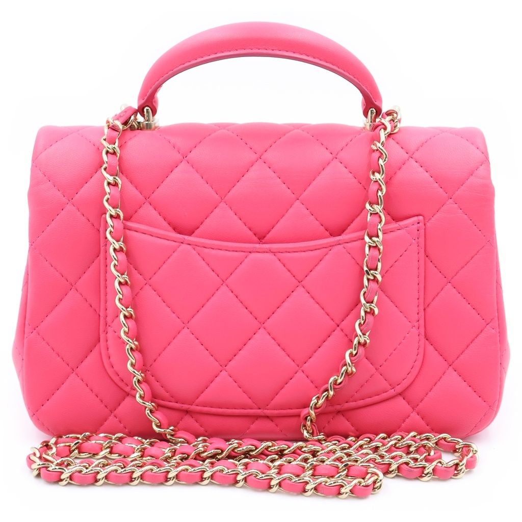 Chanel Quilted Top Handle Mini Flap Chain Shoulder Bag Fuchsia Pink Lambskin — view 2