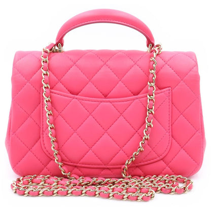 Chanel Quilted Top Handle Mini Flap Chain Shoulder Bag Fuchsia Pink Lambskin — view 2