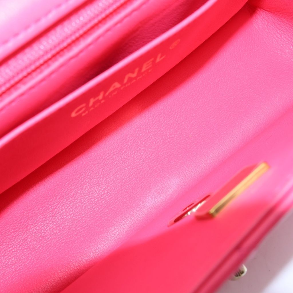 Chanel Quilted Top Handle Mini Flap Chain Shoulder Bag Fuchsia Pink Lambskin — view 7
