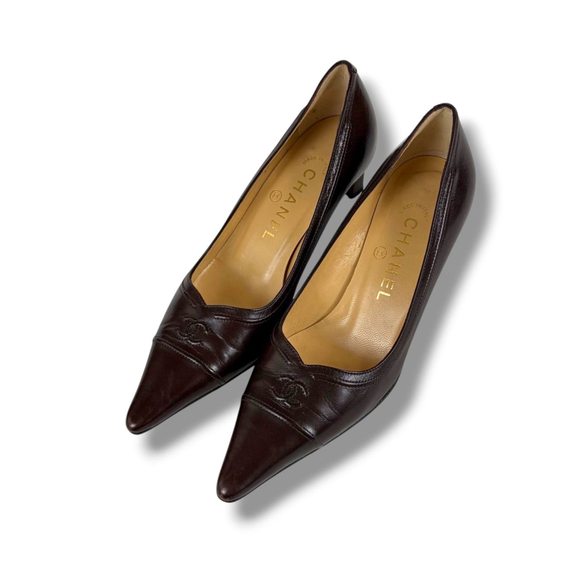 Chanel Coco Pointed Toe High Heeled Pumps CC Logo X-heeled Heels — view 3