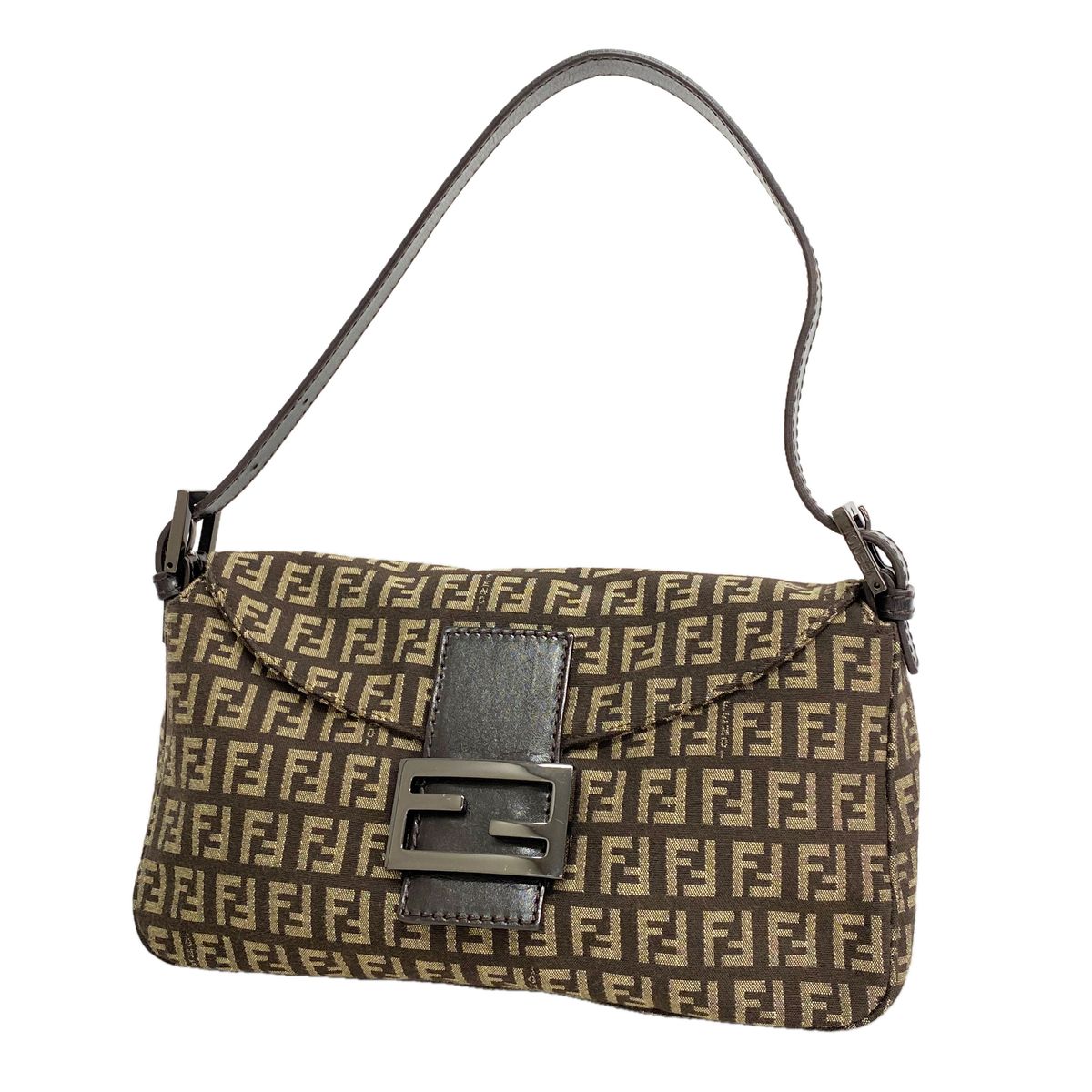 Fendi Handbag Zucchino Nylon Canvas Brown Silver