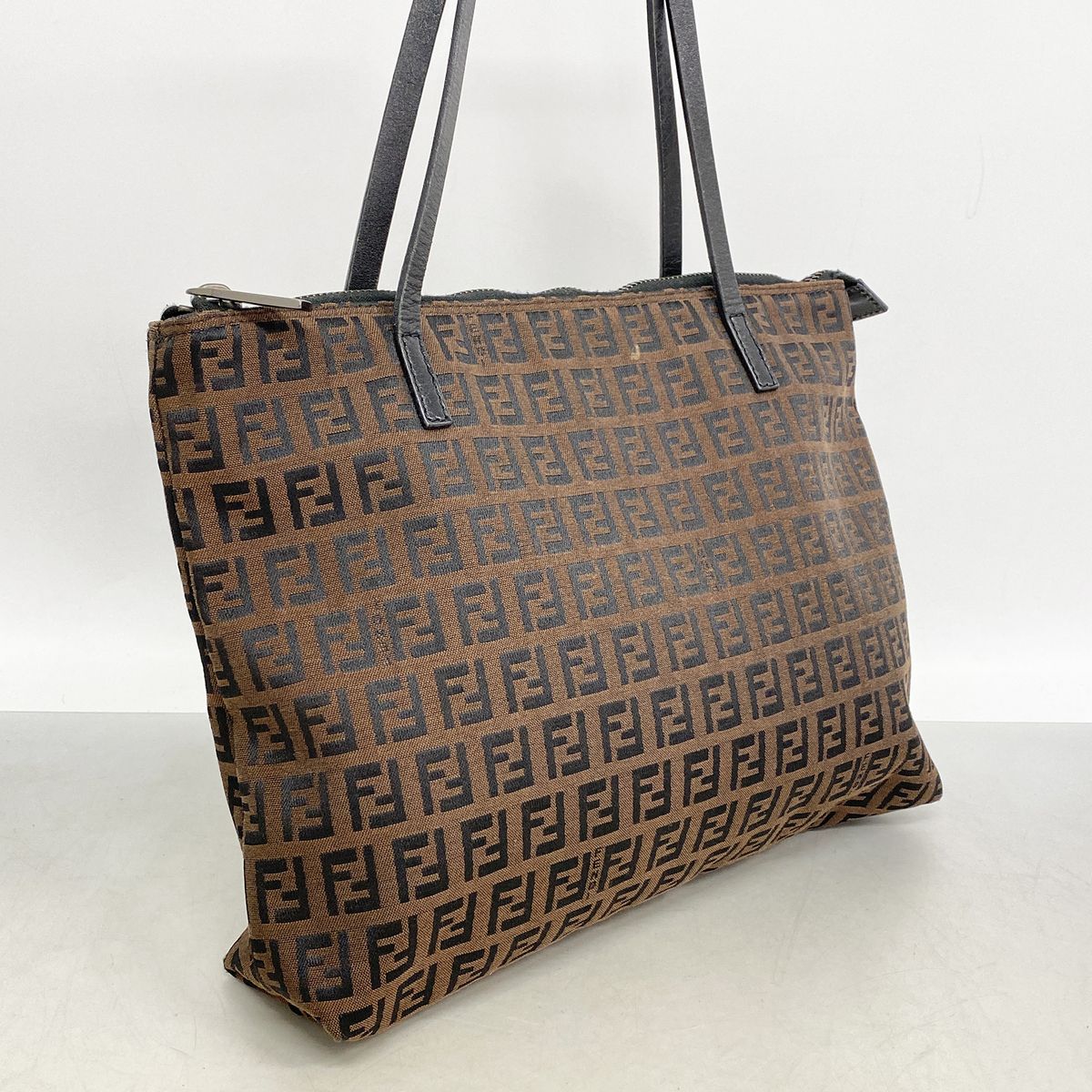 Fendi Tote Zucchino Nylon Canvas Brown Black Silver — view 2