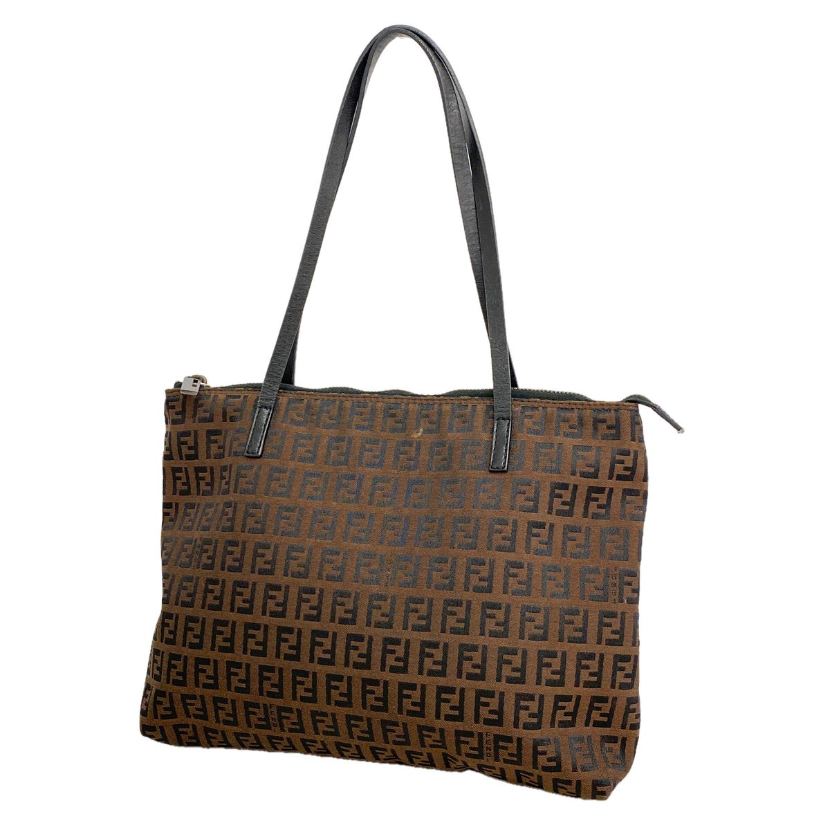 Fendi Tote Zucchino Nylon Canvas Brown Black Silver
