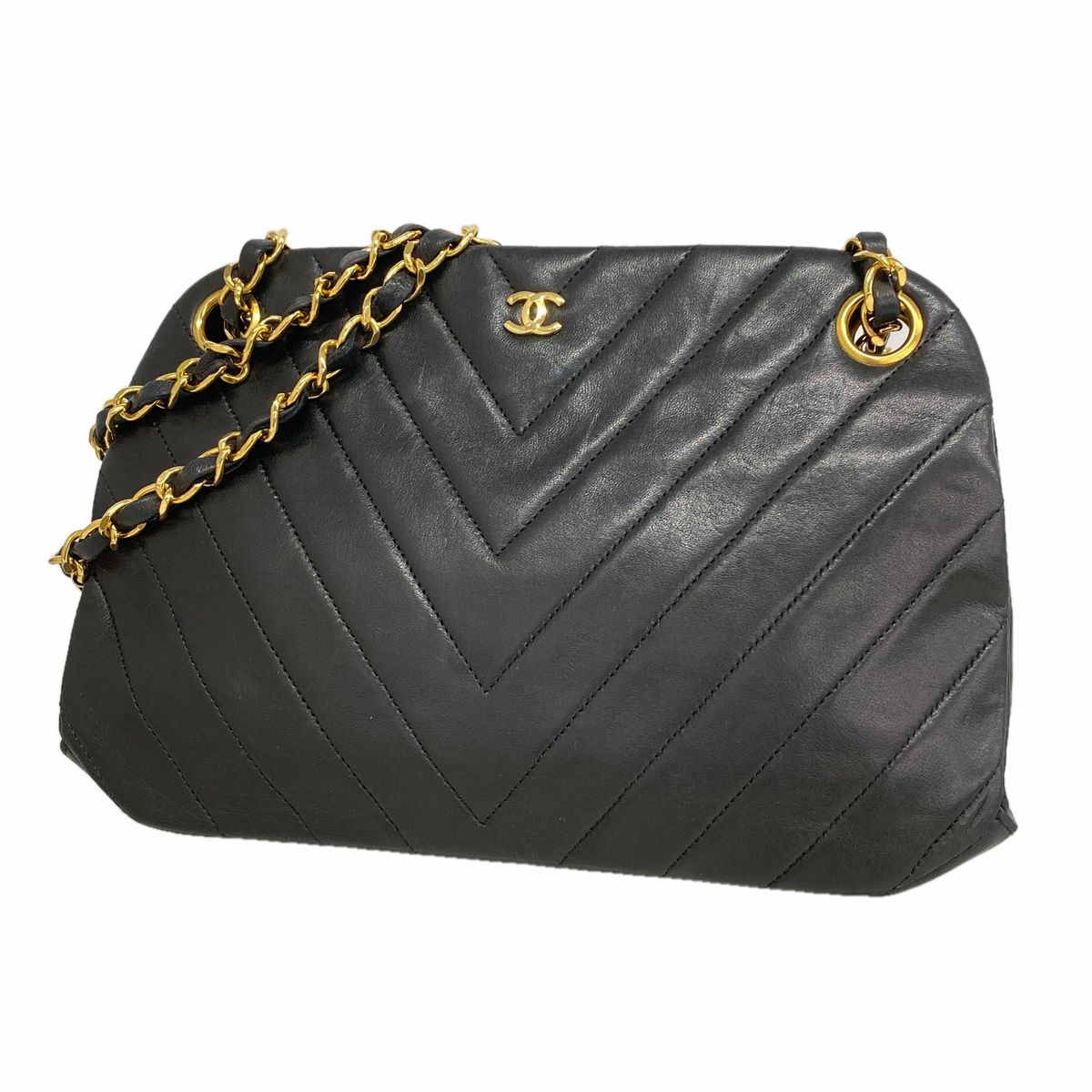 Chanel Shoulder Bag V-stitch Lambskin Black Gold