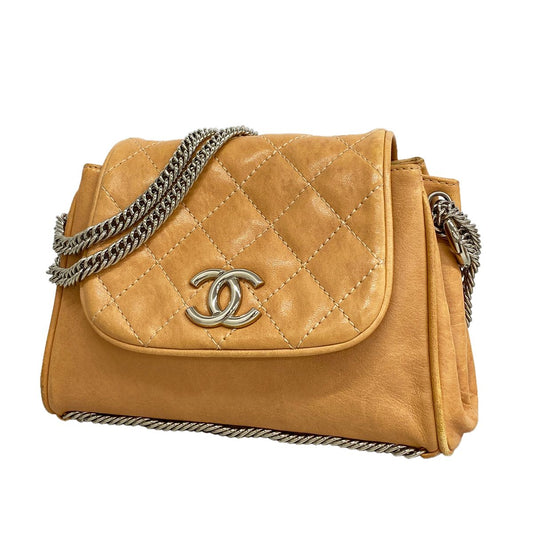 Chanel Shoulder Bag Quilted Lambskin Light Brown Silver