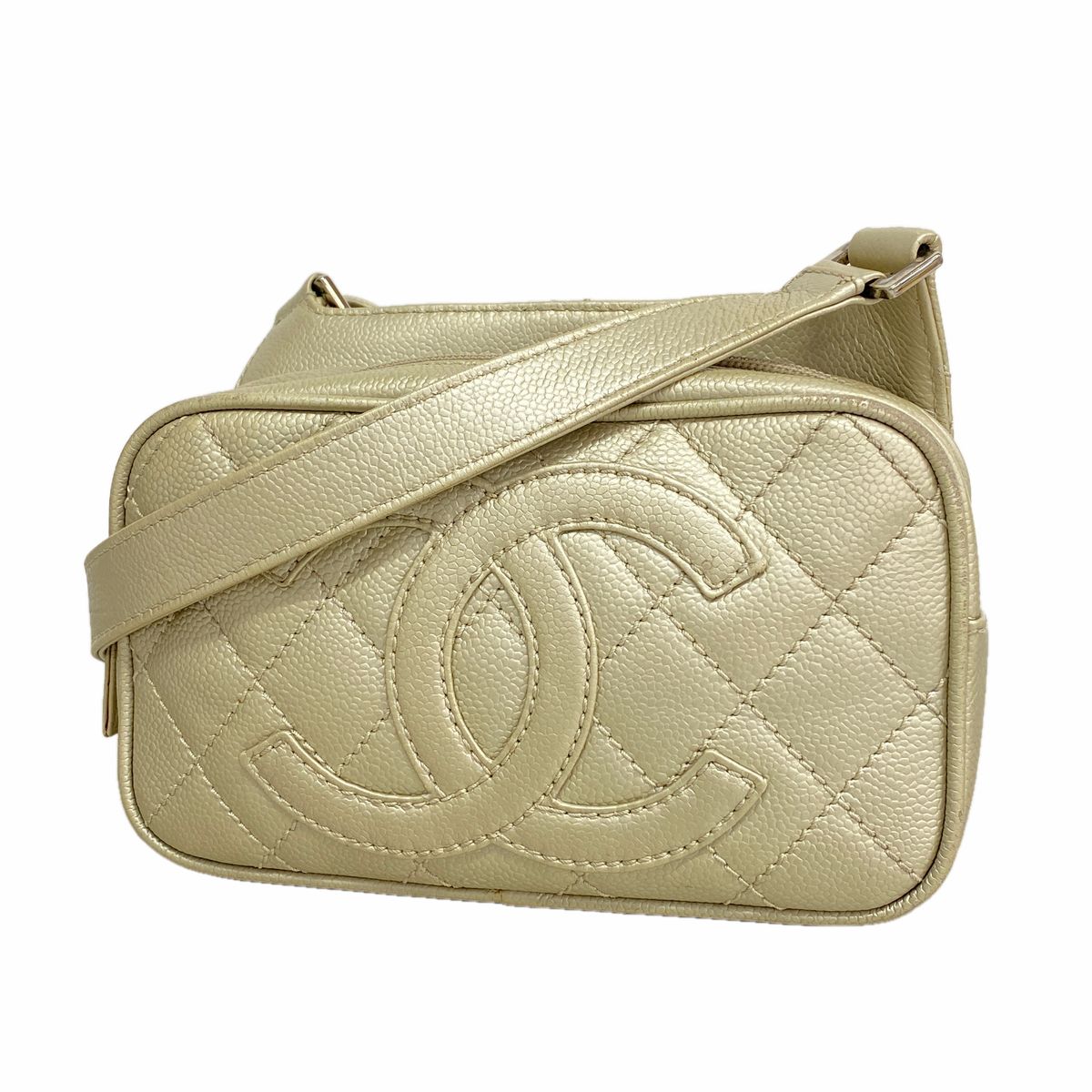 Chanel Shoulder Bag Quilted Caviar Leather Metallic Gray Silver
