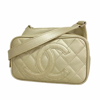 Chanel Shoulder Bag Quilted Caviar Leather Metallic Gray Silver