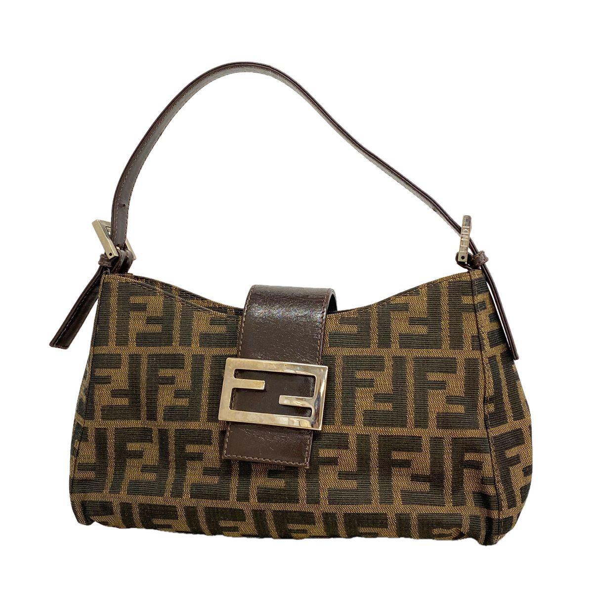 Fendi Handbag Zucca Nylon Canvas Brown Silver