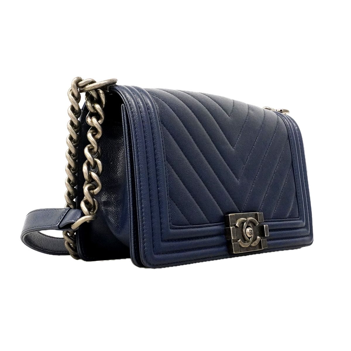 Chanel Shoulder Bag V-stitch Caviar Leather Navy Silver — view 2