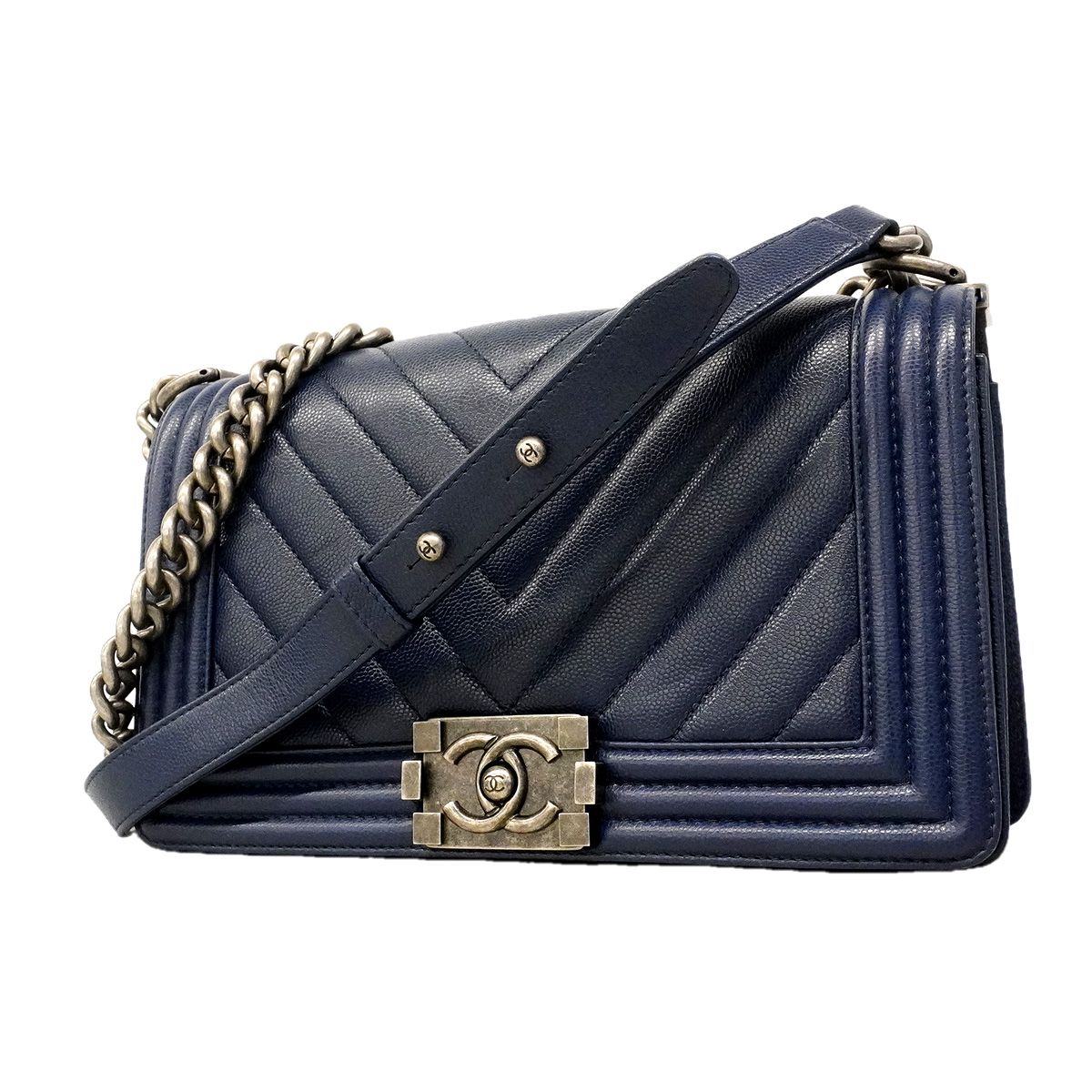 Chanel Shoulder Bag V-stitch Caviar Leather Navy Silver