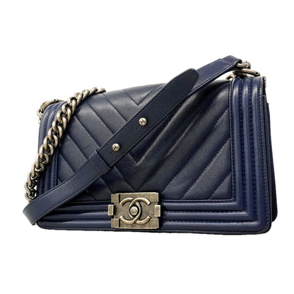 Chanel Shoulder Bag V-stitch Caviar Leather Navy Silver