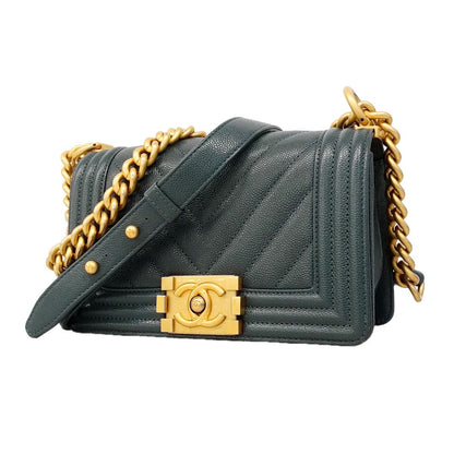 Chanel Shoulder Bag Boy Caviar Leather Steel Blue Gold