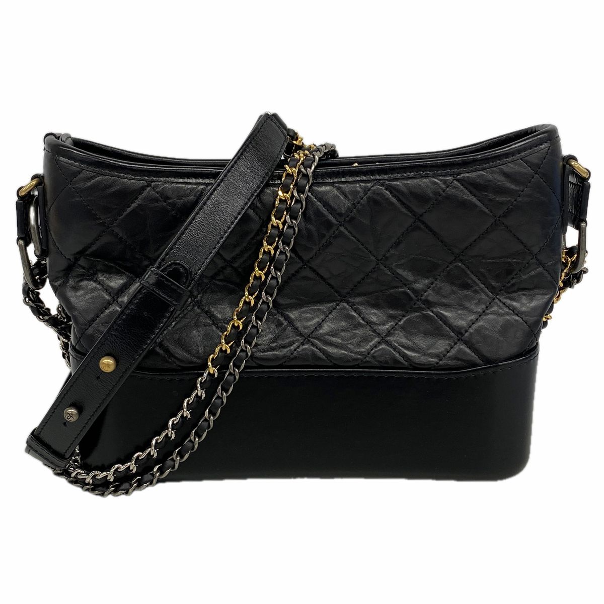 Chanel Shoulder Bag Gabrielle Leather Black Gold Silver