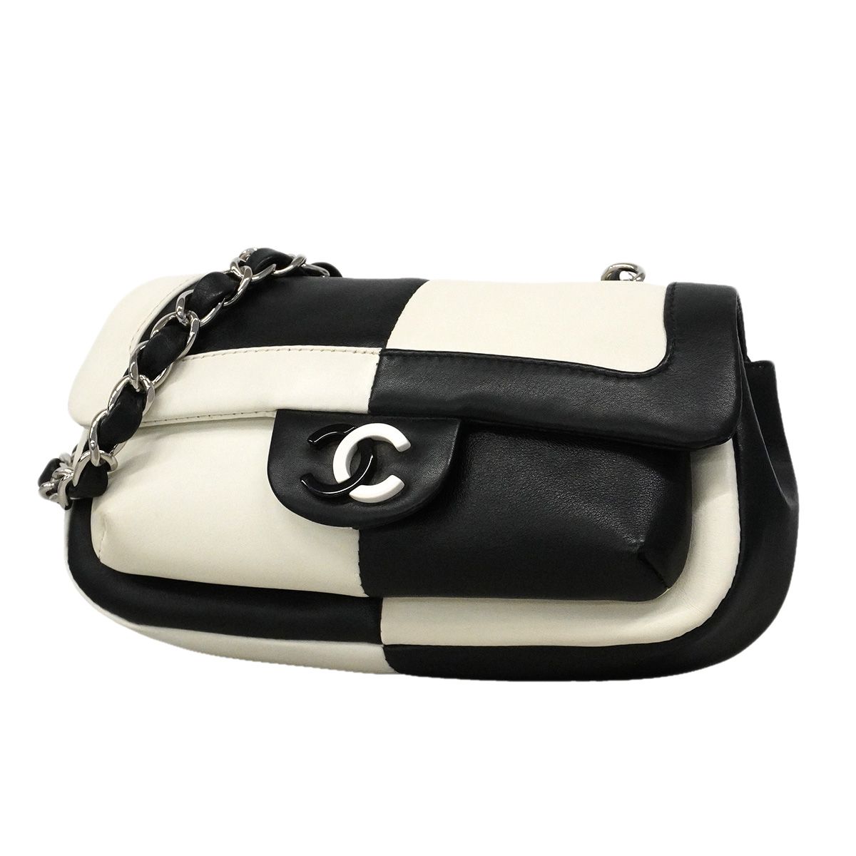 Chanel Shoulder Bag Bicolor Lambskin Black White Silver
