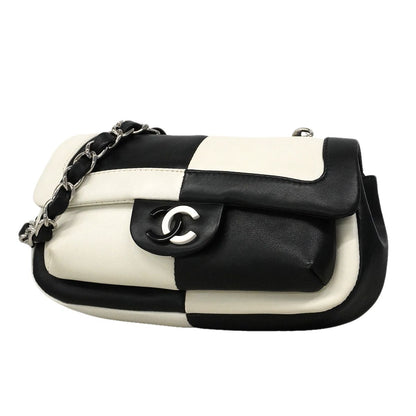 Chanel Shoulder Bag Bicolor Lambskin Black White Silver
