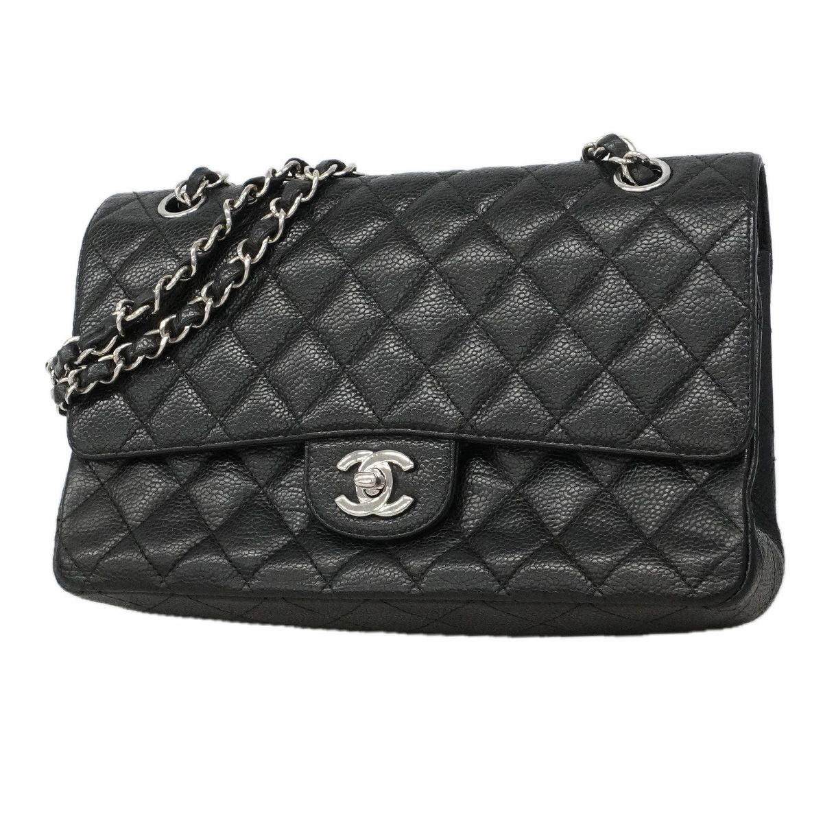 Chanel Shoulder Bag Quilted Caviar Leather Black Silver