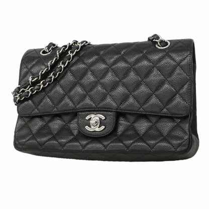 Chanel Shoulder Bag Quilted Caviar Leather Black Silver