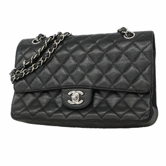 Chanel Shoulder Bag Quilted Caviar Leather Black Silver
