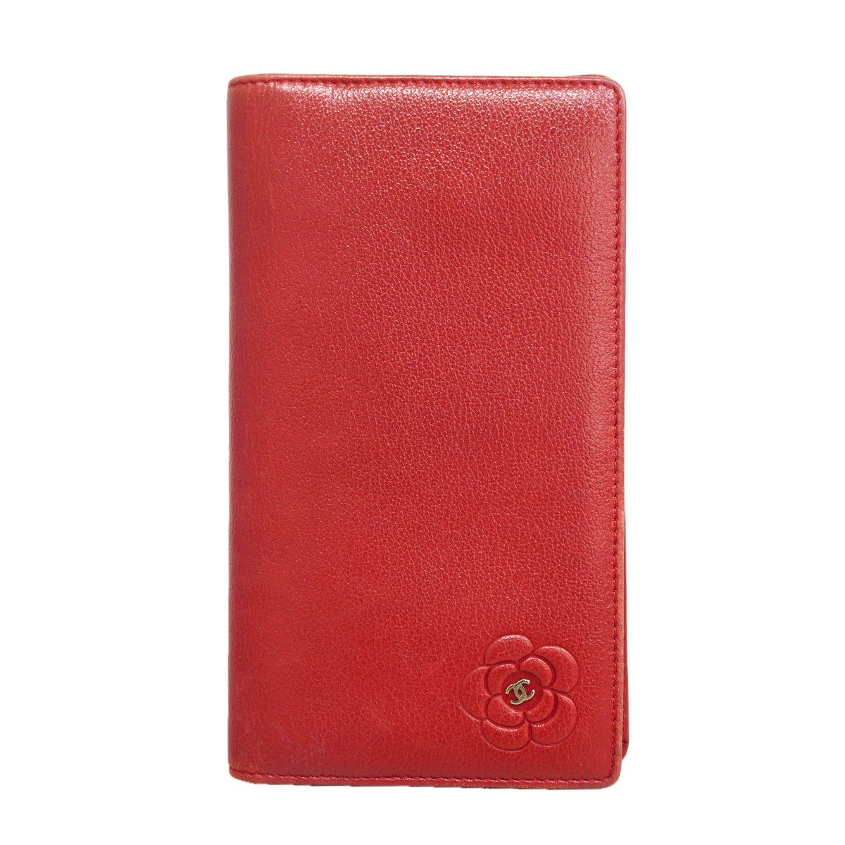 Chanel Wallet Camellia Leather Red Silver