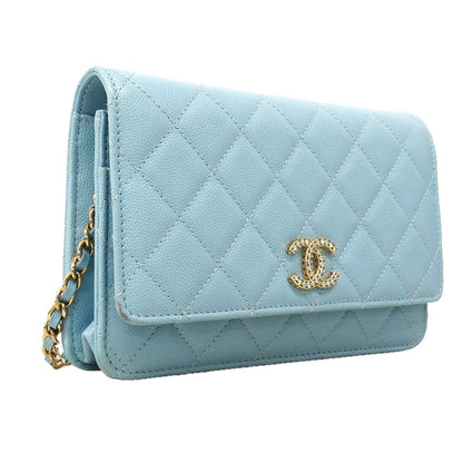 Chanel Wallet on Chain Quilted Caviar Leather Light Blue Gold Shoulder Bag — view 2