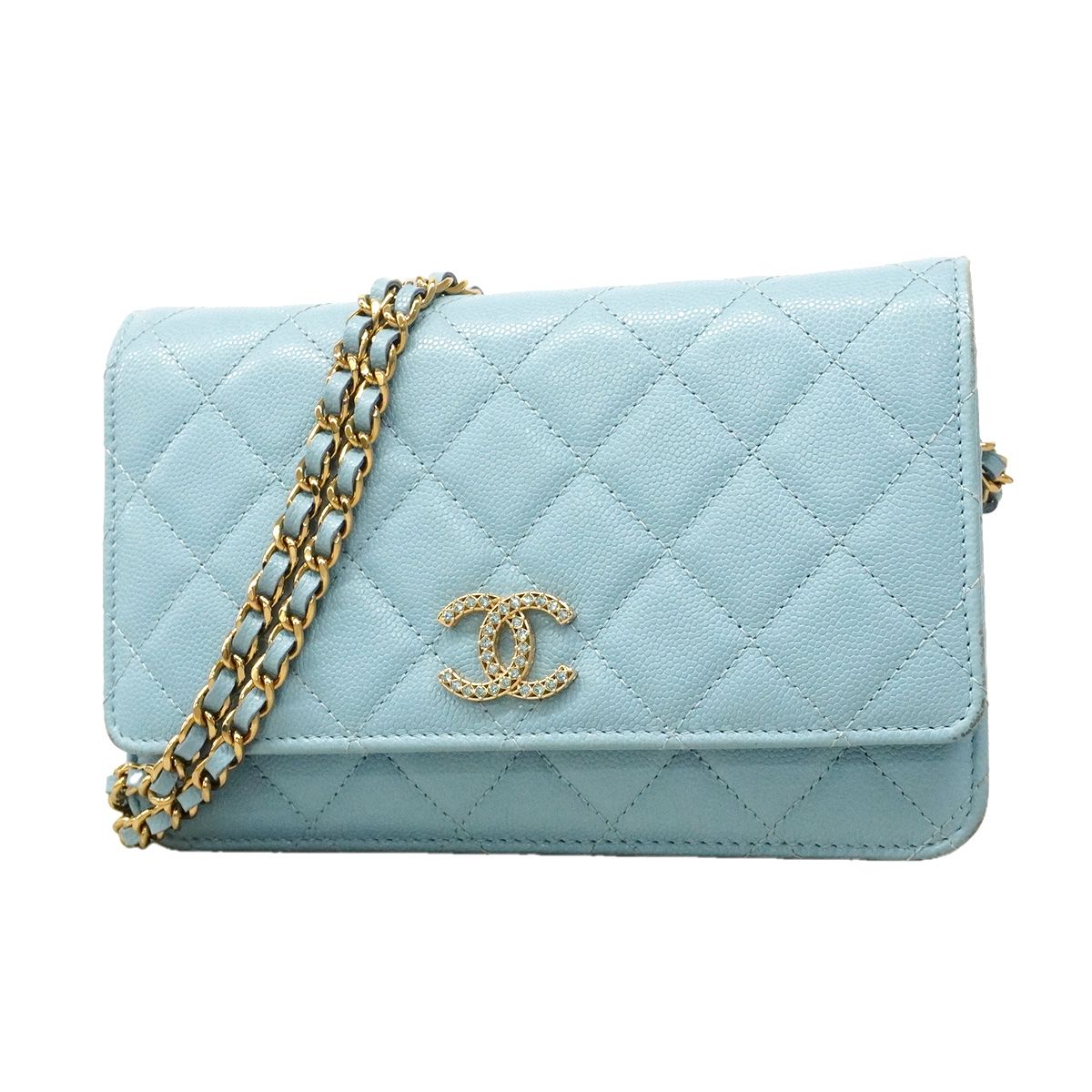 Chanel Wallet on Chain Quilted Caviar Leather Light Blue Gold Shoulder Bag