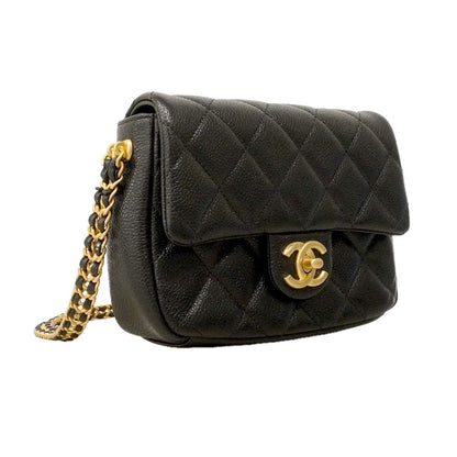 Chanel Shoulder Bag Mini Quilted Caviar Leather Black Gold — view 2