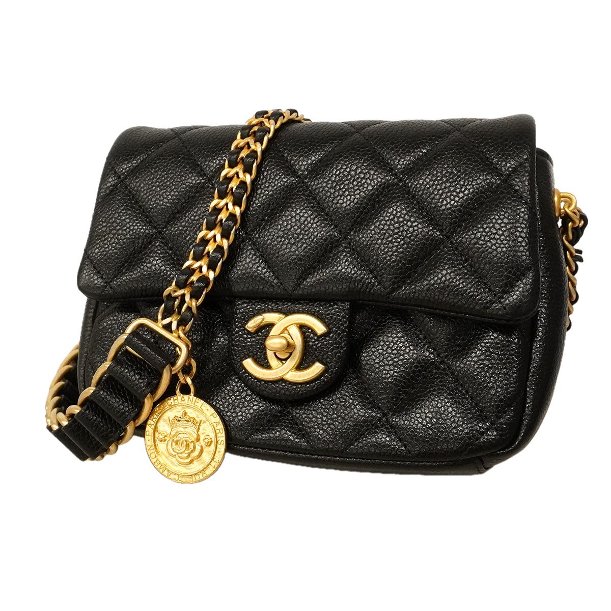 Chanel Shoulder Bag Mini Quilted Caviar Leather Black Gold