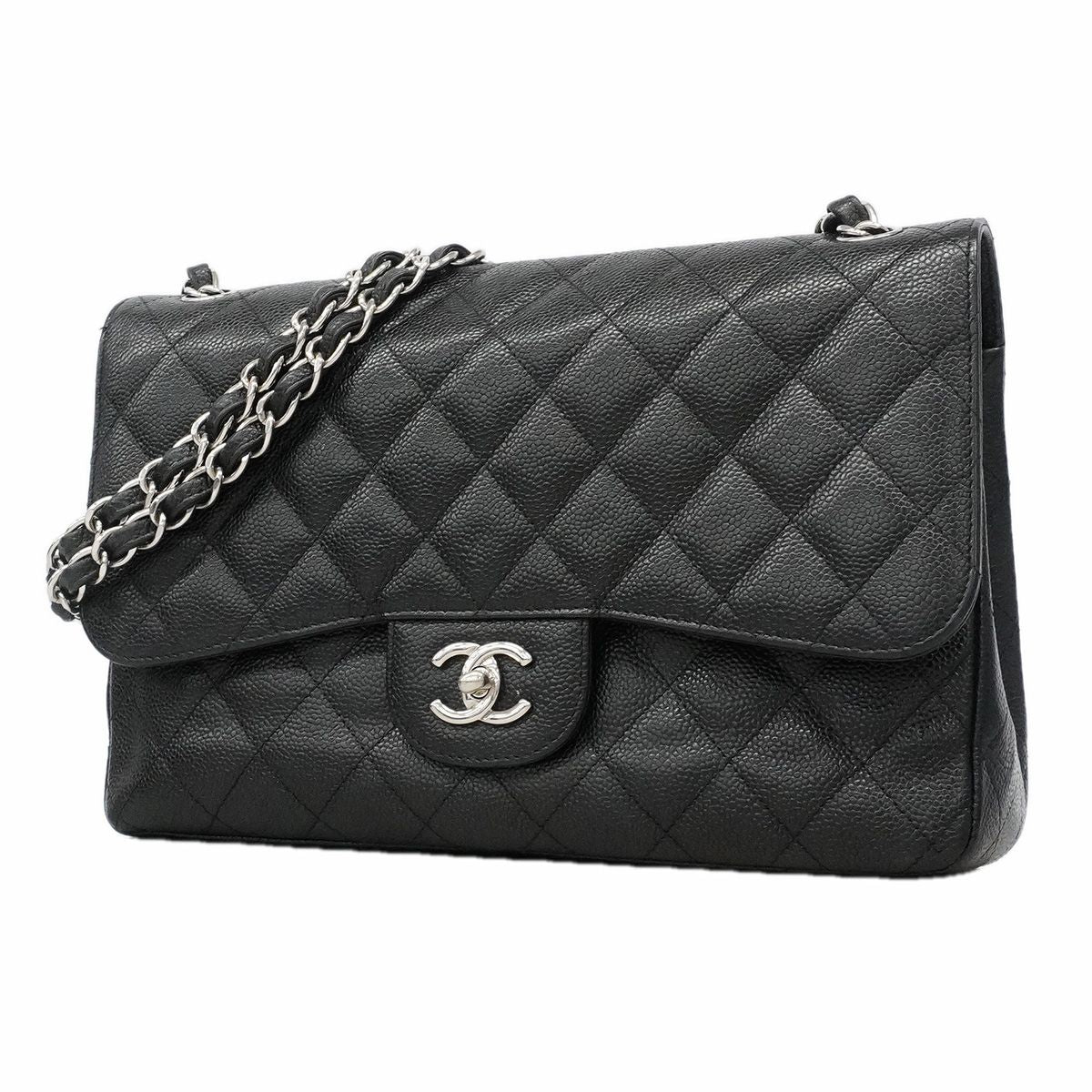 Chanel Shoulder Bag Maxi Quilted Caviar Leather Black Silver