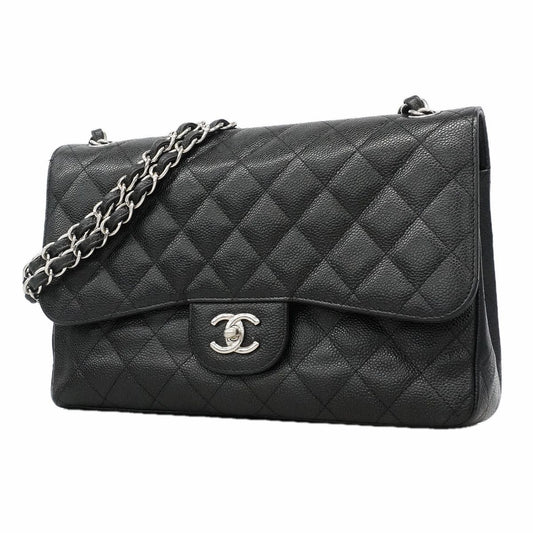 Chanel Shoulder Bag Maxi Quilted Caviar Leather Black Silver