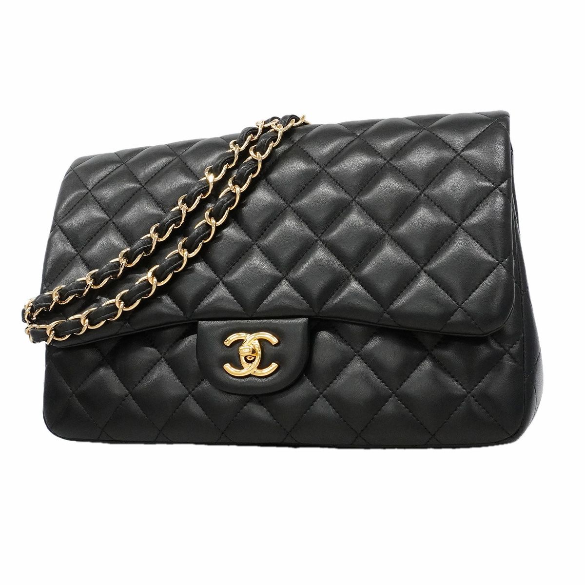 Chanel Shoulder Bag Maxi Quilted Lambskin Black Gold