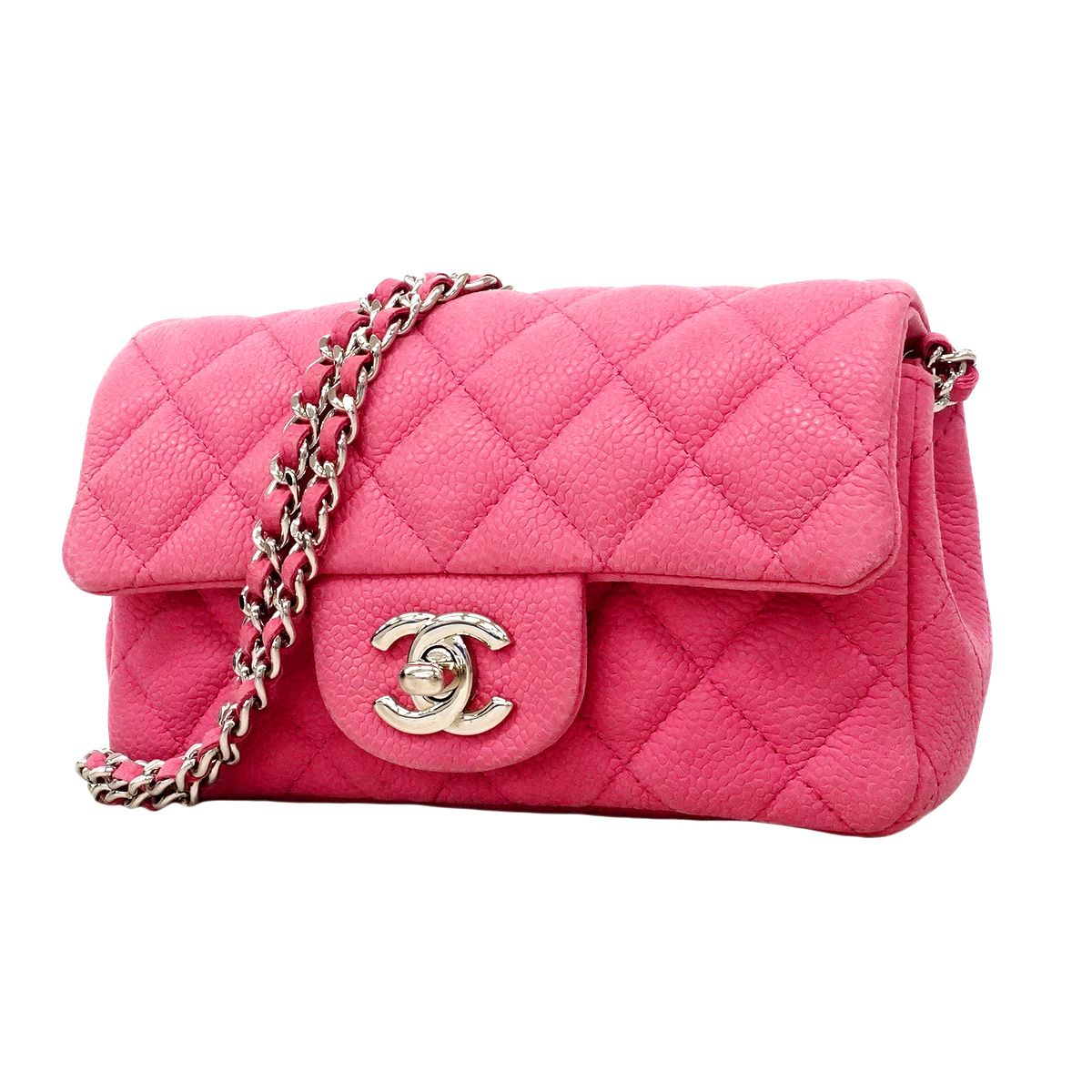 Chanel Shoulder Bag Quilted Caviar Leather Pink Silver