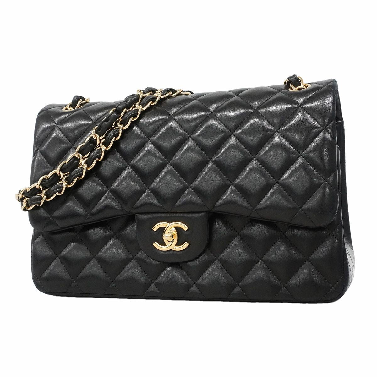 Chanel Shoulder Bag Maxi Quilted Lambskin Black Gold
