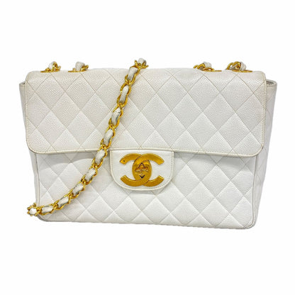 Chanel Shoulder Bag Maxi Quilted Caviar Leather White Gold