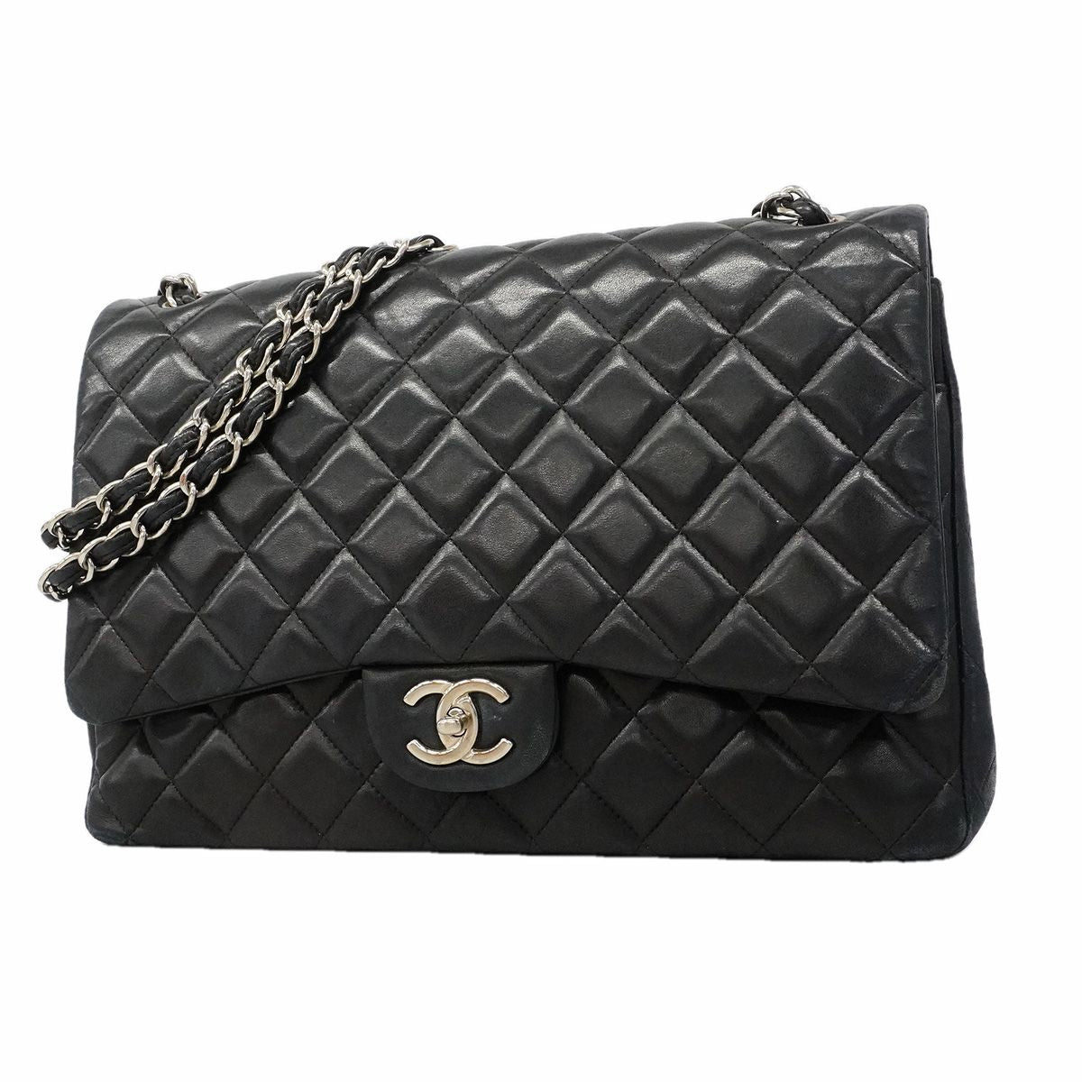 Chanel Shoulder Bag Maxi Quilted Lambskin Black Silver