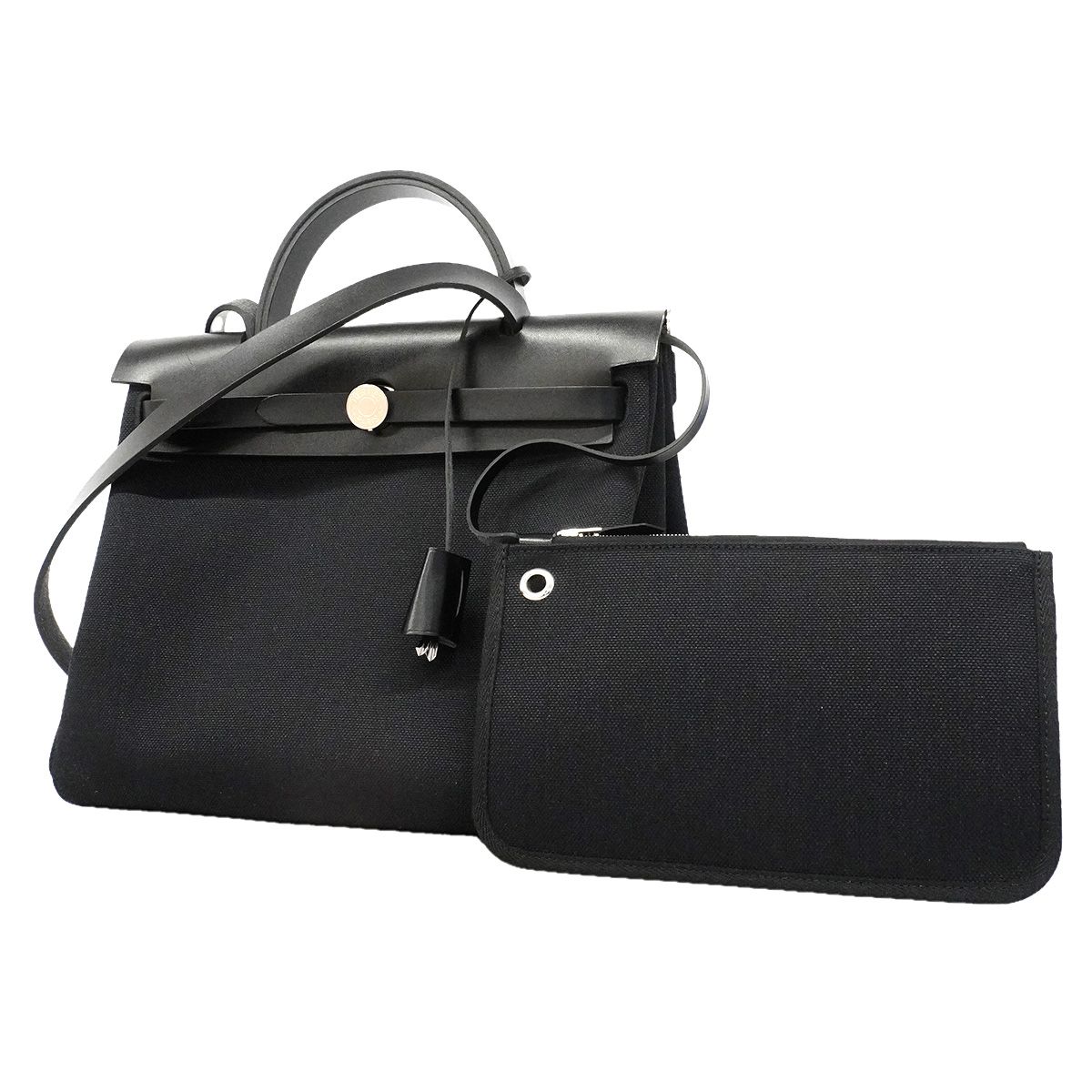 Hermes Handbag Herbag Zip PM Toile Military Black Silver 2-Way Bag