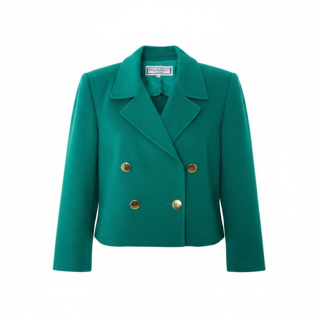 Saint Laurent Tailored Jacket Double Breasted Gold Button Wool Blend Green